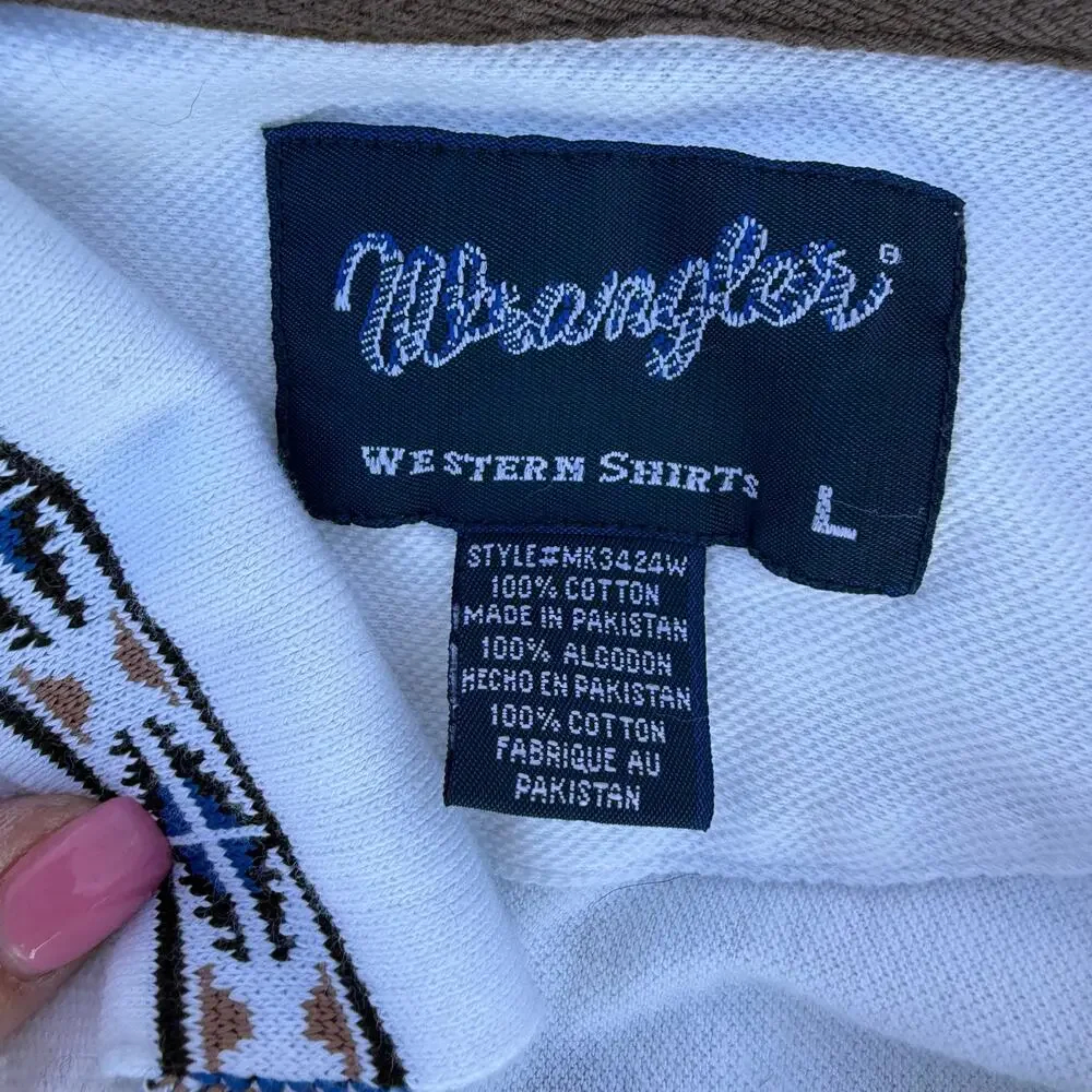 Vintae 90s Wrangler Desert Rock Mountain Scene White Polo Shirt Aztec LARGE
